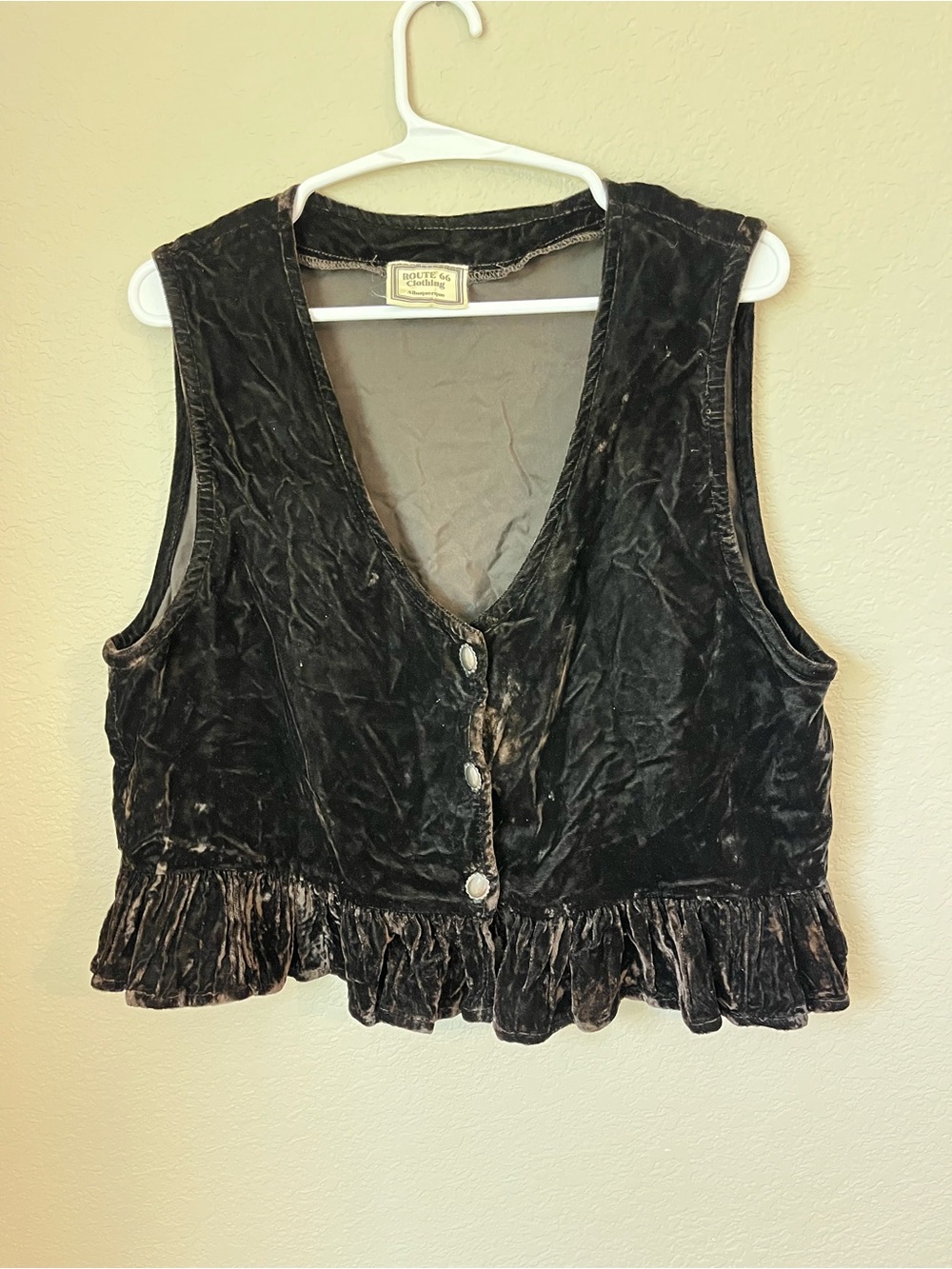 Vintage Route 66 Dark Brown Velvet Vest S Western Cowgirl Boho Ruffle 90s Rodeo